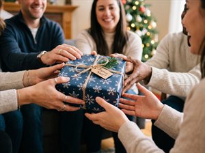 Mains d'un groupe réunies sur un cadeau commun
