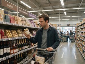 Homme attrapant un coffret cadeau générique dans un rayon de supermarché