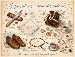 Planche illustrée des superstitions autour des cadeaux : couteau, mouchoirs, perles, chaussures