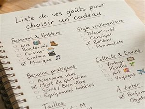 Carnet avec liste à cocher des goûts du destinataire pour choisir un cadeau