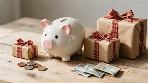 Tirelire cochon entourée de paquets cadeaux, de pièces et de billets