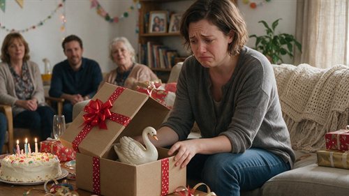 Personne dépitée en découvrant un cadeau décevant lors d'un anniversaire en famille