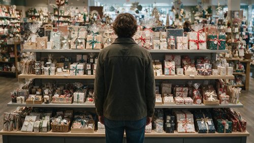 Personne de dos hésitant devant un rayon de boutique rempli de coffrets cadeaux