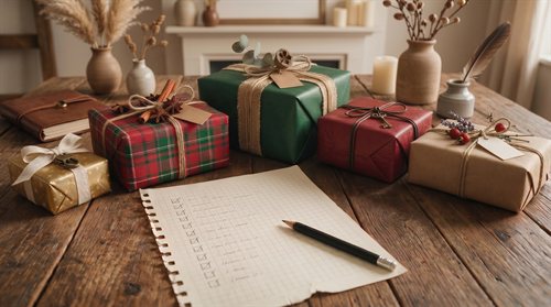 Liste d'idées manuscrite et crayon au milieu de cadeaux emballés