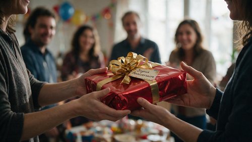 Cadeau au ruban doré remis en mains propres lors d'une fête d'anniversaire