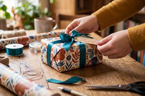Mains nouant un ruban sur un cadeau au papier fleuri, ciseaux et rouleaux à côté