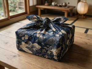 Cadeau emballé dans un tissu furoshiki à motifs, fermé par un nœud