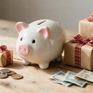 Tirelire cochon entourée de paquets cadeaux et de pièces