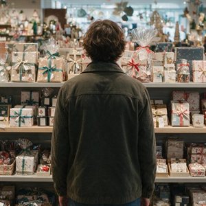 Personne de dos devant un rayon de boutique rempli de coffrets cadeaux