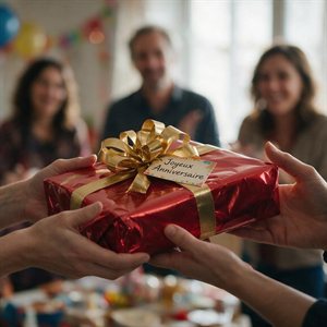 Cadeau au ruban doré remis en mains propres lors d'une fête